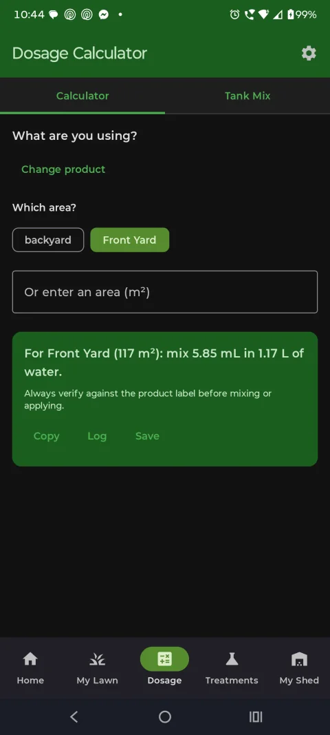LawnSuite dosage calculator with a product chosen and the Front Yard zone selected, showing the plain-English mix amount for the zone's area