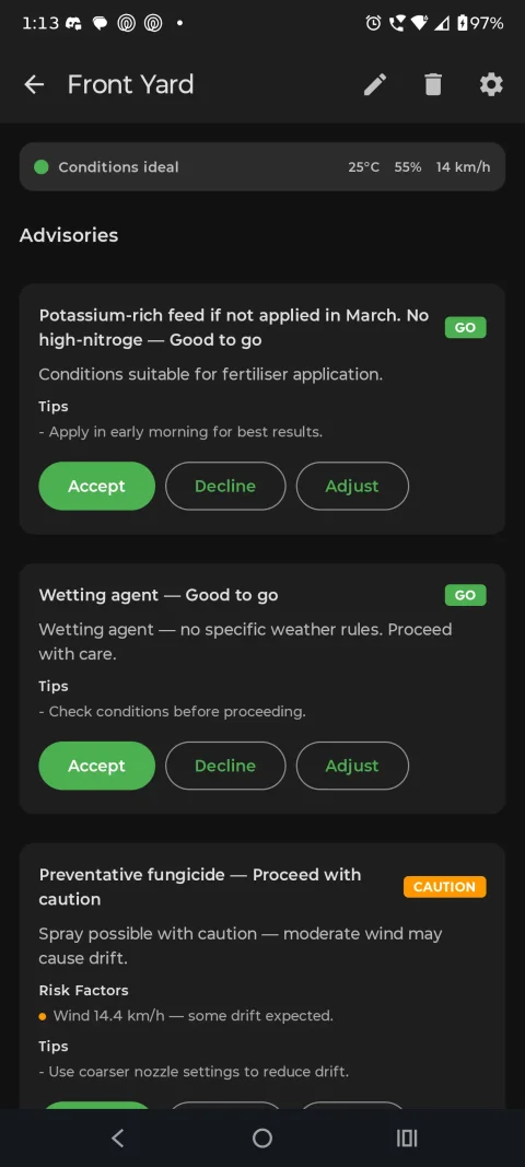 LawnSuite zone detail screen for Front Yard showing weather conditions, fertiliser advisory with accept and decline buttons, and fungicide caution